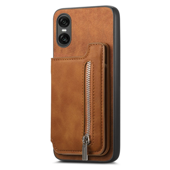 For Sony Xperia 1 V Retro MagSafe Zipper Wallet Card Bag Back Phone Case(Brown)