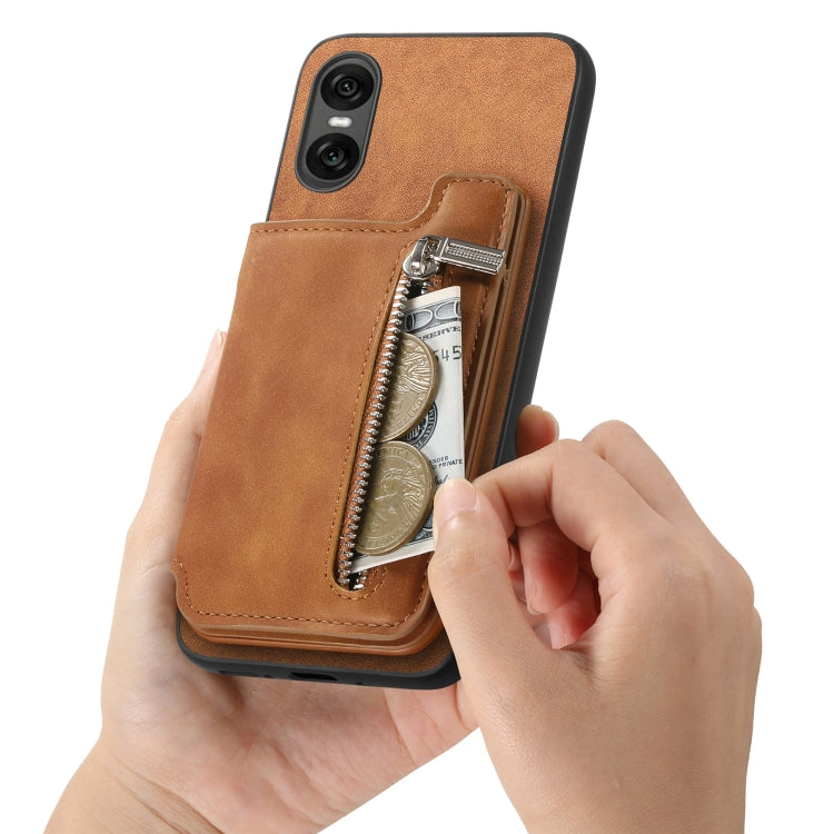 For Sony Xperia 1 V Retro MagSafe Zipper Wallet Card Bag Back Phone Case(Brown)
