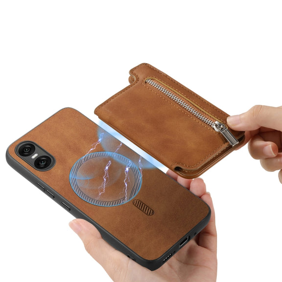 For Sony Xperia 1 V Retro MagSafe Zipper Wallet Card Bag Back Phone Case(Brown)