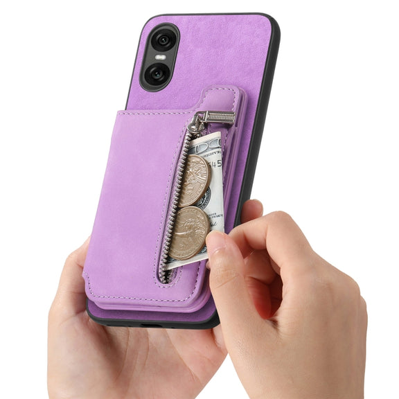 For Sony Xperia 10 V Retro MagSafe Zipper Wallet Card Bag Back Phone Case(Purple)