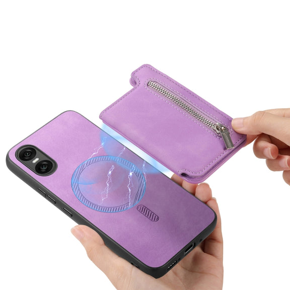 For Sony Xperia 10 V Retro MagSafe Zipper Wallet Card Bag Back Phone Case(Purple)