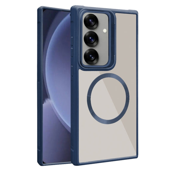 For Samsung Galaxy S25 5G Plated CD Texture MagSafe Acrylic Hybrid TPU Phone Case(Blue)