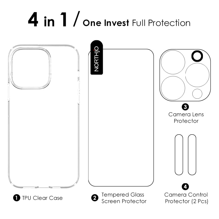 For iPhone 16 Pro Max NORTHJO 4 in 1 TPU Phone Case with Screen Film and Lens Film and Camera Control Button Cover(Clear) - free shipping - PMC Jewellery - Order now!