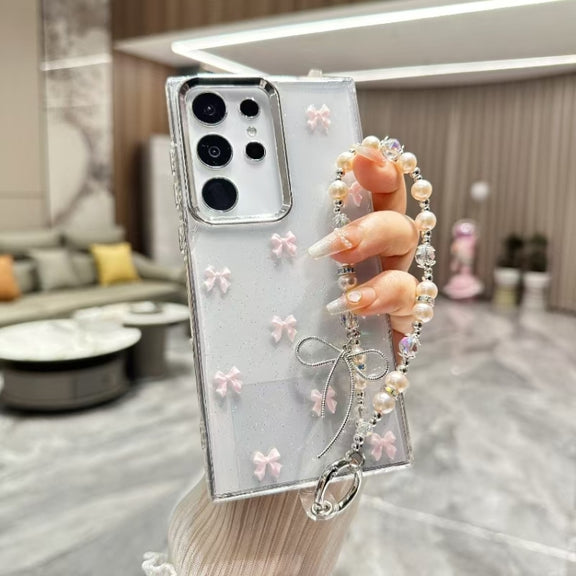 For Samsung Galaxy S25 Ultra 5G Little Fresh Bow Bracelet Chain TPU Phone Case(Pink)