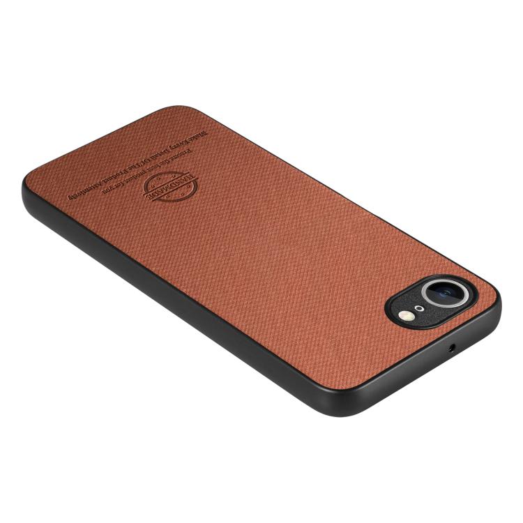 For iPhone 16e Twill Fabric Leather Skin Back Phone Case(Brown) - iPhone 16e Cases by PMC TechLife | Online Shopping South Africa | PMC TechLife | Buy Now Pay Later Mobicred
