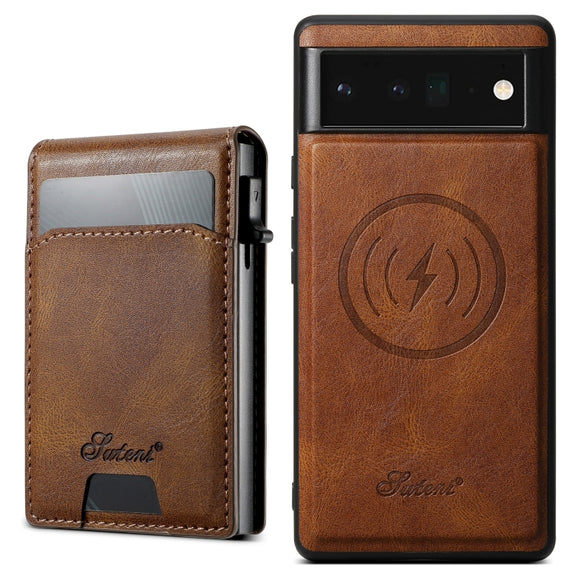 For Google Pixel 6 Pro Suteni H19 Oil Wax 2-in-1 MagSafe Removable Card Box Back Phone Case(Brown)
