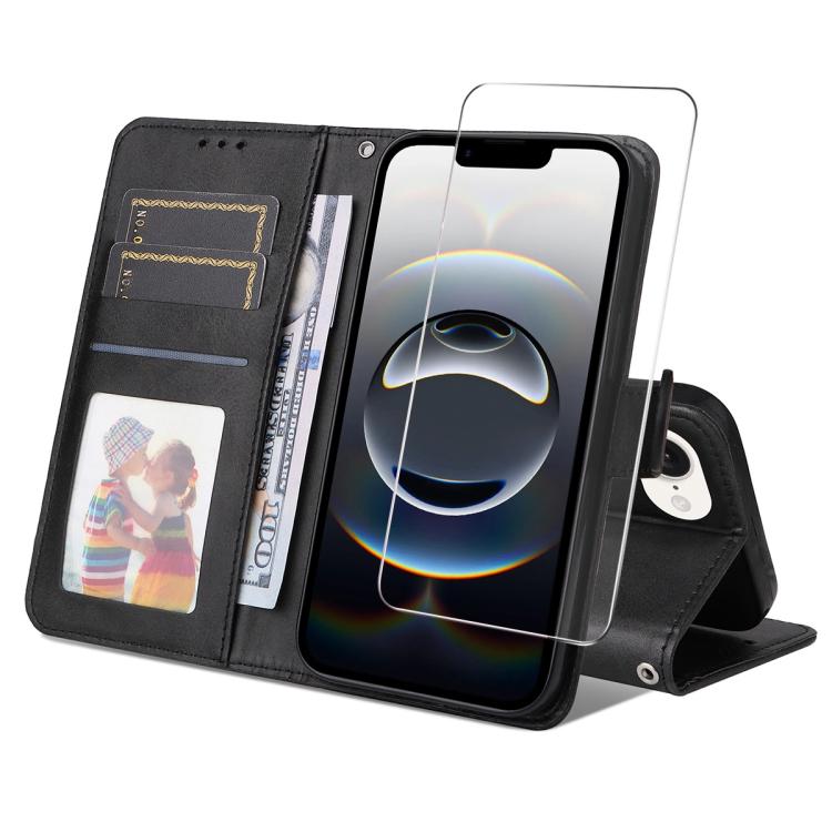 For iPhone 16e ENKAY Card Wallet Calf Texture Leather Phone Case with Screen Film(Black) - iPhone 16e Cases by ENKAY | Online Shopping South Africa | PMC TechLife | Buy Now Pay Later Mobicred