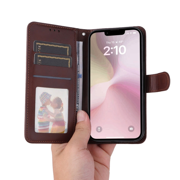 For iPhone 16e ENKAY Card Wallet Calf Texture Leather Phone Case with Screen Film(Brown)