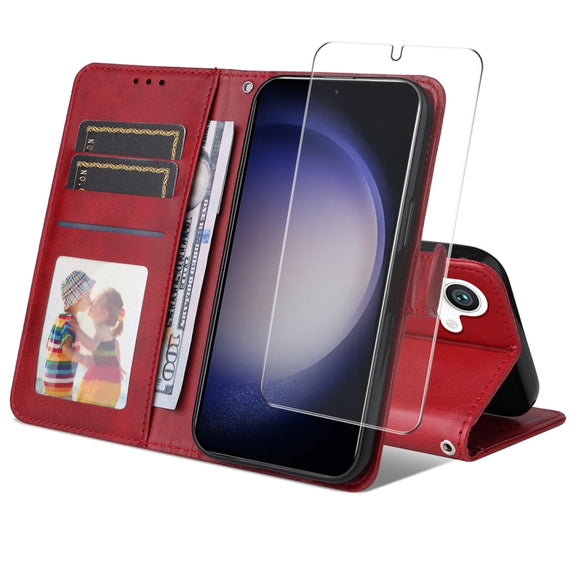 For Samsung Galaxy S25 5G ENKAY Card Wallet Calf Texture Leather Phone Case with Screen Film(Red)