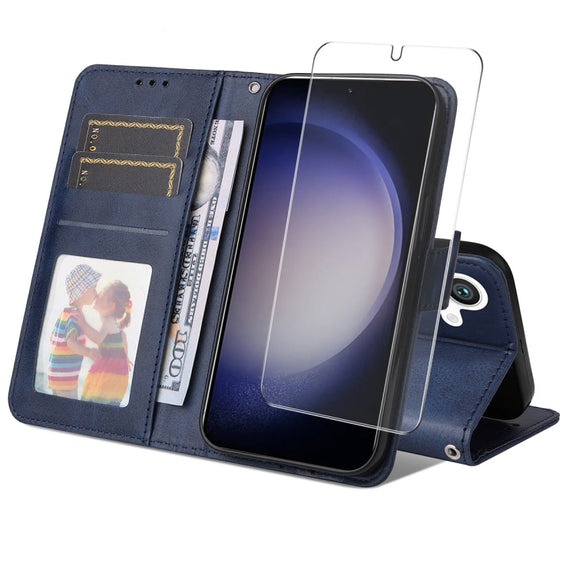 For Samsung Galaxy S25 5G ENKAY Card Wallet Calf Texture Leather Phone Case with Screen Film(Blue)