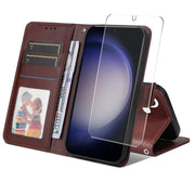For Samsung Galaxy S25 5G ENKAY Card Wallet Calf Texture Leather Phone Case with Screen Film(Brown)