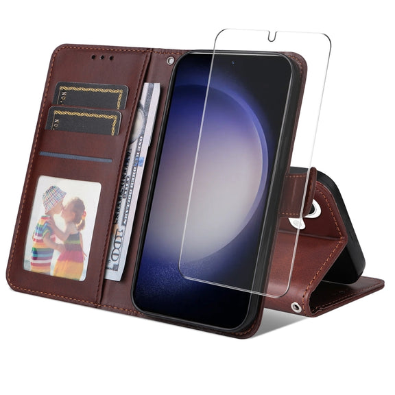 For Samsung Galaxy S25 5G ENKAY Card Wallet Calf Texture Leather Phone Case with Screen Film(Brown)