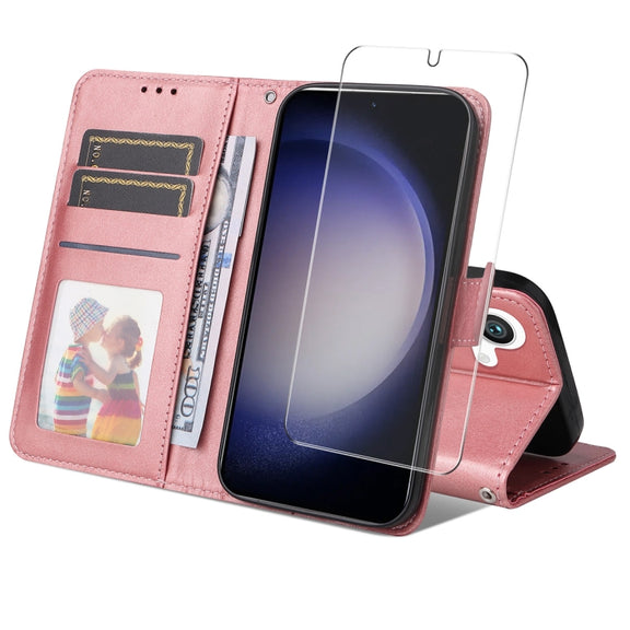 For Samsung Galaxy S25+ 5G ENKAY Card Wallet Calf Texture Leather Phone Case with Screen Film(Pink)