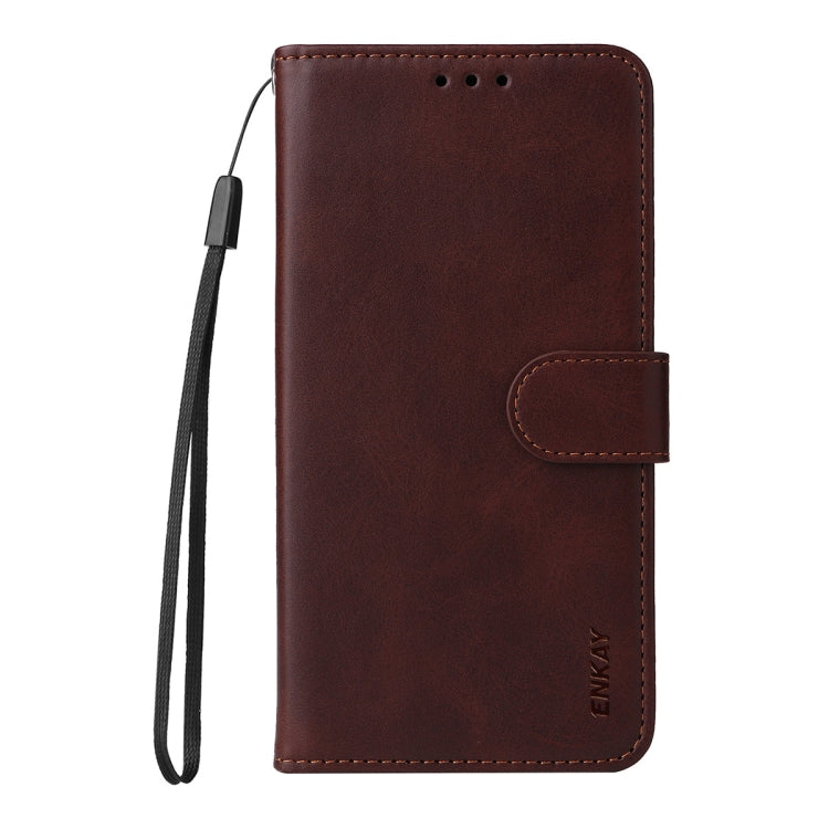 For Samsung Galaxy S25+ 5G ENKAY Card Wallet Calf Texture Leather Phone Case with Screen Film(Brown)