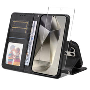 For Samsung Galaxy S25 Ultra 5G ENKAY Card Wallet Calf Texture Leather Phone Case with Screen Film(Black)