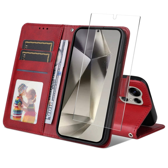 For Samsung Galaxy S25 Ultra 5G ENKAY Card Wallet Calf Texture Leather Phone Case with Screen Film(Red)