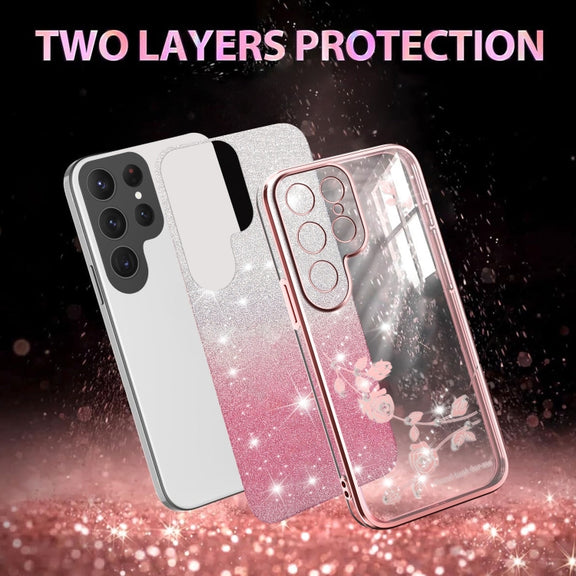 For Samsung Galaxy S25 Ultra 5G Gradient Glitter Flower All-inclusive Phone Case(Pink)