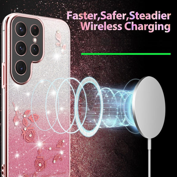 For Samsung Galaxy S25 Ultra 5G Gradient Glitter Flower All-inclusive Phone Case(Pink)