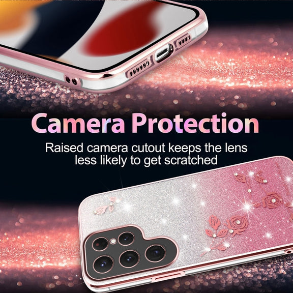For Samsung Galaxy S25 Ultra 5G Gradient Glitter Flower All-inclusive Phone Case(Pink)