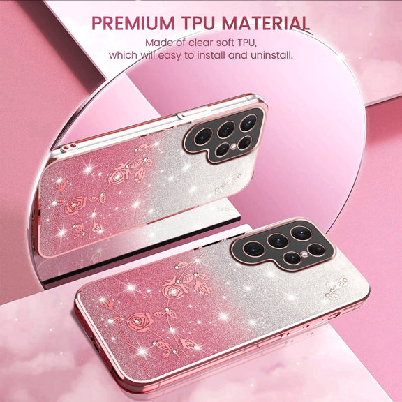 For Samsung Galaxy S25 Ultra 5G Gradient Glitter Flower All-inclusive Phone Case(Pink)