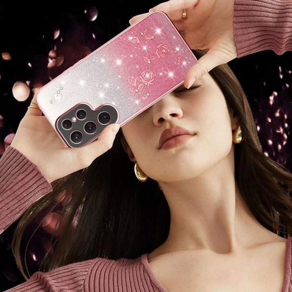 For Samsung Galaxy S25 Ultra 5G Gradient Glitter Flower All-inclusive Phone Case(Pink)