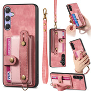 For Samsung Galaxy S25+ 5G Retro Cross Wristband Wallet Leather Back Phone Case(Pink)