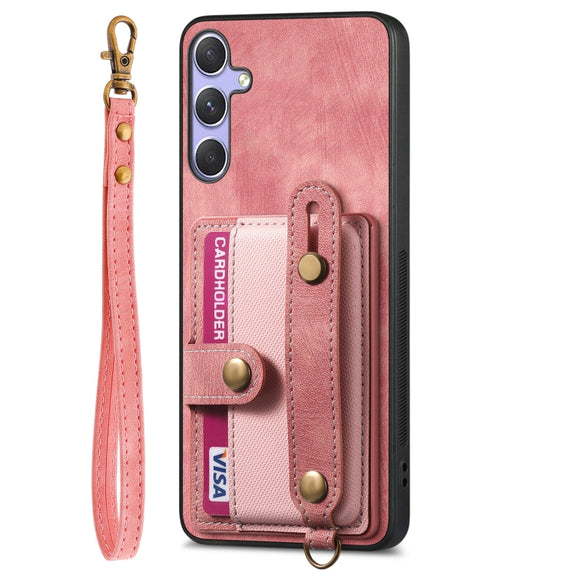 For Samsung Galaxy S25+ 5G Retro Cross Wristband Wallet Leather Back Phone Case(Pink)
