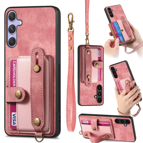For Samsung Galaxy S25+ 5G Retro Cross Wristband Wallet Leather Back Phone Case(Pink)