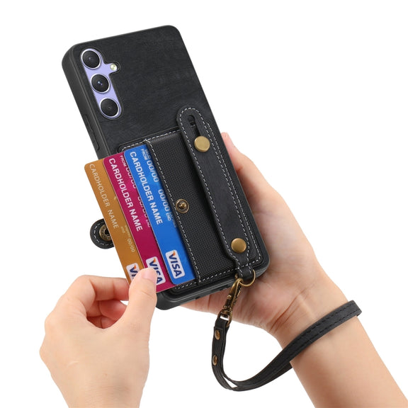 For Samsung Galaxy S25+ 5G Retro Cross Wristband Wallet Leather Back Phone Case(Black)