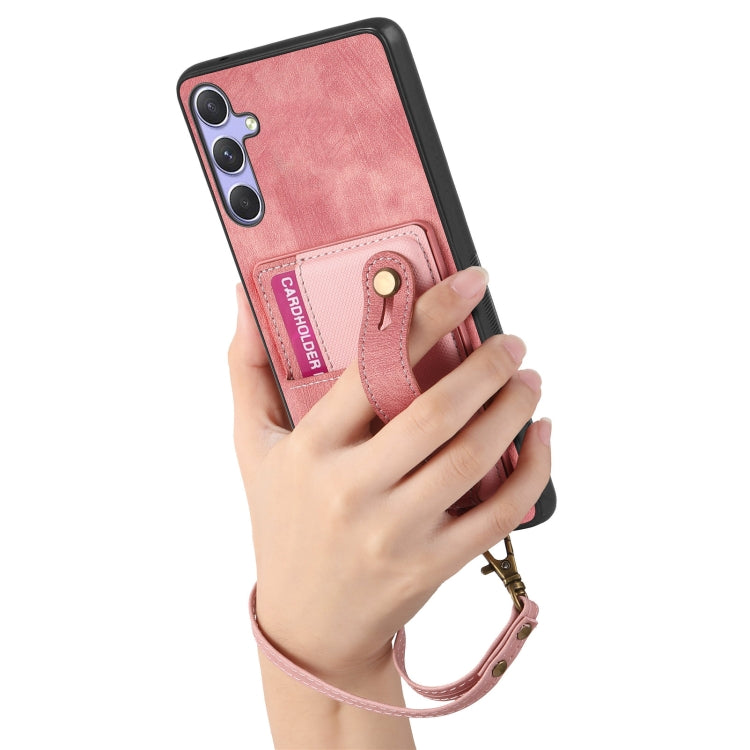 For Samsung Galaxy S25 Ultra 5G Retro Cross Wristband Wallet Leather Back Phone Case(Pink)