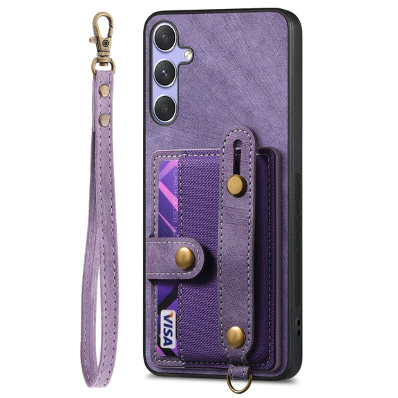 For Samsung Galaxy S25 Ultra 5G Retro Cross Wristband Wallet Leather Back Phone Case(Purple)