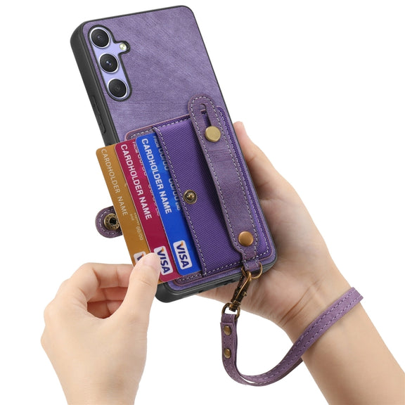 For Samsung Galaxy S25 Ultra 5G Retro Cross Wristband Wallet Leather Back Phone Case(Purple)
