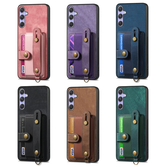 For Samsung Galaxy S25 5G Retro Cross Wristband Wallet Leather Back Phone Case(Brown)