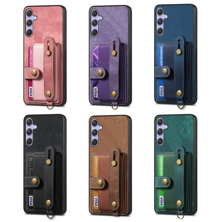 For Samsung Galaxy S25 5G Retro Cross Wristband Wallet Leather Back Phone Case(Brown)