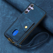 For Samsung Galaxy S25 5G Retro Card Wallet Fold Leather Phone Case with Strap(Blue)