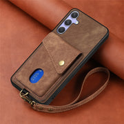 For Samsung Galaxy S25 5G Retro Card Wallet Fold Leather Phone Case with Strap(Brown)