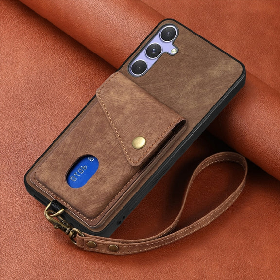 For Samsung Galaxy S25 5G Retro Card Wallet Fold Leather Phone Case with Strap(Brown)