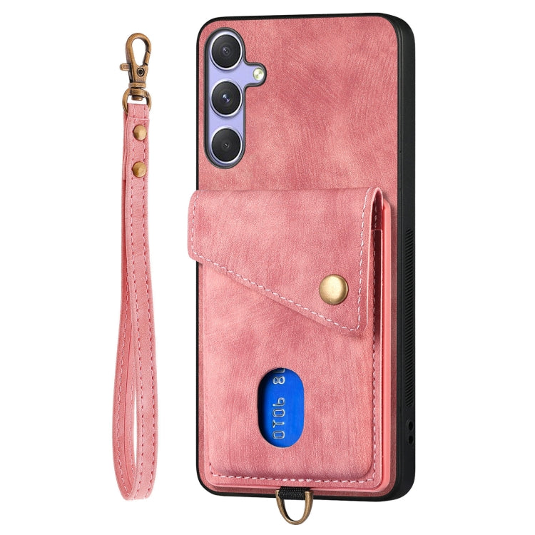 For Samsung Galaxy S25 5G Retro Card Wallet Fold Leather Phone Case with Strap(Pink) - Galaxy S25 5G Cases by PMC TechLife | Online Shopping South Africa | PMC TechLife | Buy Now Pay Later Mobicred