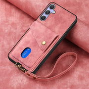 For Samsung Galaxy S25 5G Retro Card Wallet Fold Leather Phone Case with Strap(Pink)