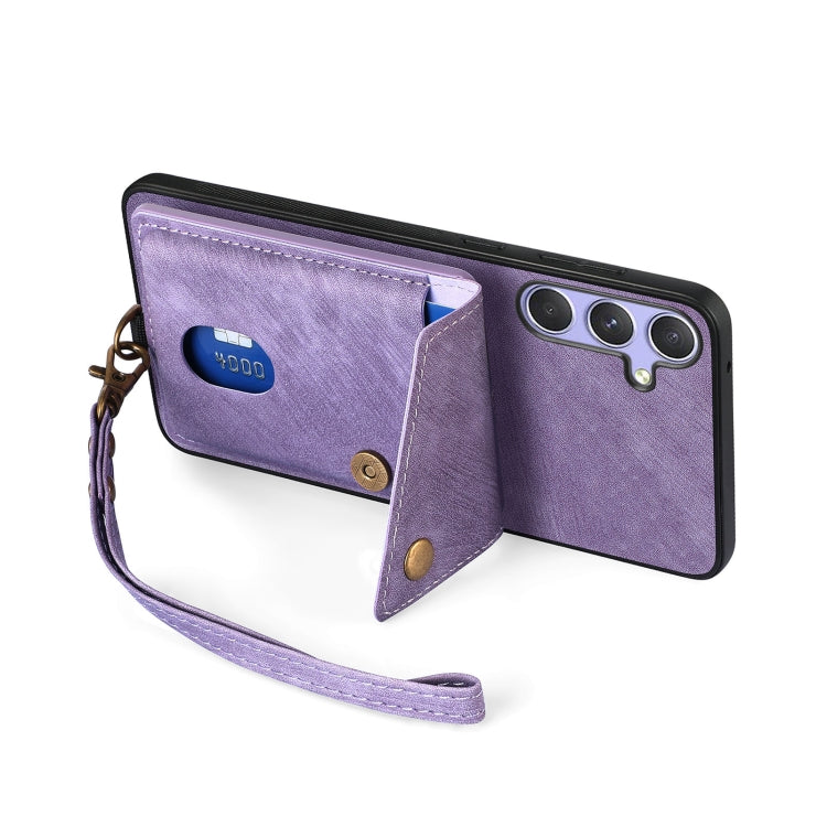 For Samsung Galaxy S25 5G Retro Card Wallet Fold Leather Phone Case with Strap(Purple) - Galaxy S25 5G Cases by PMC TechLife | Online Shopping South Africa | PMC TechLife | Buy Now Pay Later Mobicred