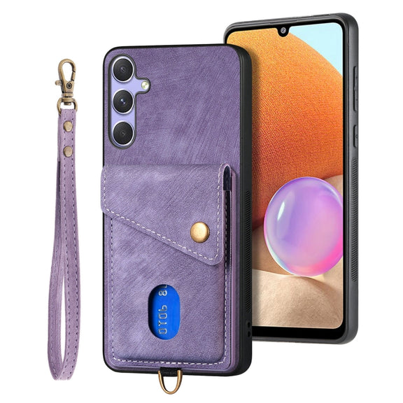 For Samsung Galaxy S25 5G Retro Card Wallet Fold Leather Phone Case with Strap(Purple)