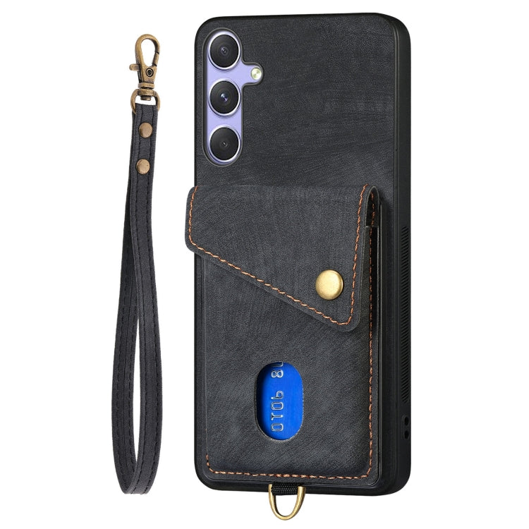 For Samsung Galaxy S25+ 5G Retro Card Wallet Fold Leather Phone Case with Strap(Black) - Galaxy S25+ 5G Cases by PMC TechLife | Online Shopping South Africa | PMC TechLife | Buy Now Pay Later Mobicred