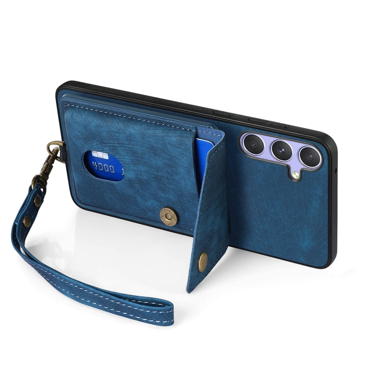 For Samsung Galaxy S25+ 5G Retro Card Wallet Fold Leather Phone Case with Strap(Blue)