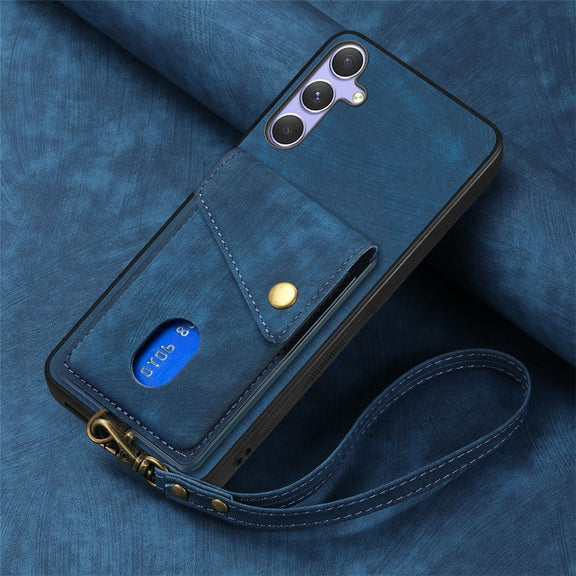 For Samsung Galaxy S25+ 5G Retro Card Wallet Fold Leather Phone Case with Strap(Blue)