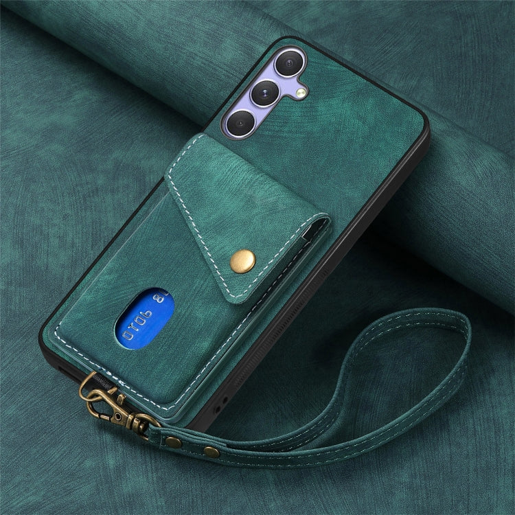 For Samsung Galaxy S25+ 5G Retro Card Wallet Fold Leather Phone Case with Strap(Green)