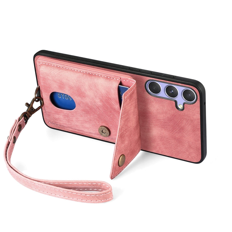 For Samsung Galaxy S25+ 5G Retro Card Wallet Fold Leather Phone Case with Strap(Pink) - Galaxy S25+ 5G Cases by PMC TechLife | Online Shopping South Africa | PMC TechLife | Buy Now Pay Later Mobicred