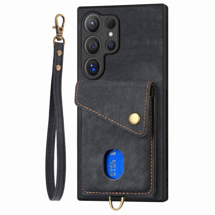 For Samsung Galaxy S25 Ultra 5G Retro Card Wallet Fold Leather Phone Case with Strap(Black) - Galaxy S25 Ultra 5G Cases by PMC TechLife | Online Shopping South Africa | PMC TechLife | Buy Now Pay Later Mobicred
