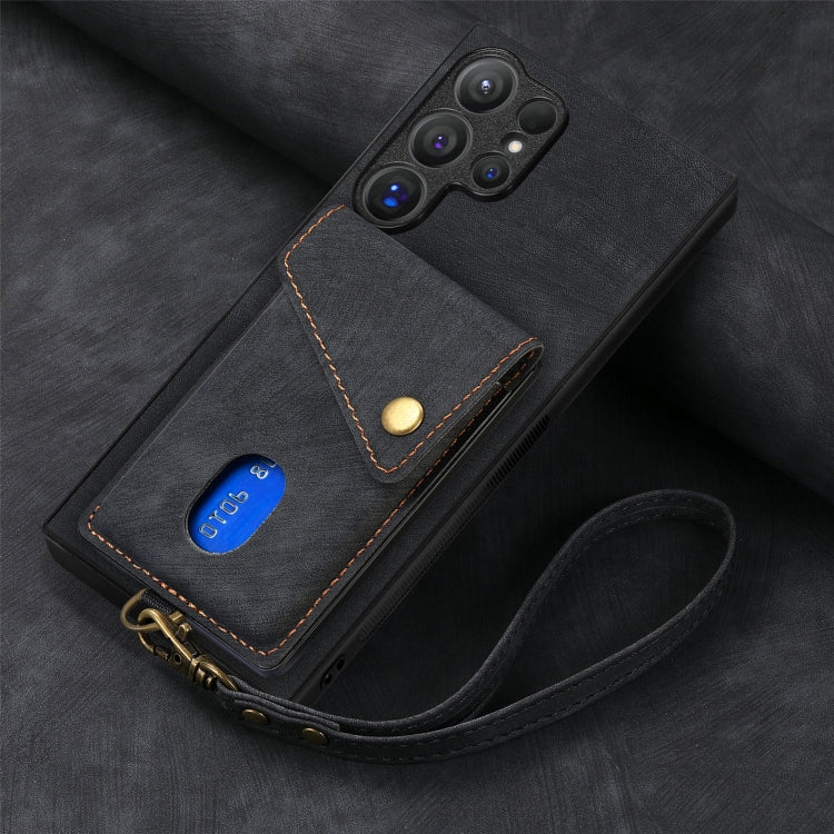 For Samsung Galaxy S25 Ultra 5G Retro Card Wallet Fold Leather Phone Case with Strap(Black) - Galaxy S25 Ultra 5G Cases by PMC TechLife | Online Shopping South Africa | PMC TechLife | Buy Now Pay Later Mobicred