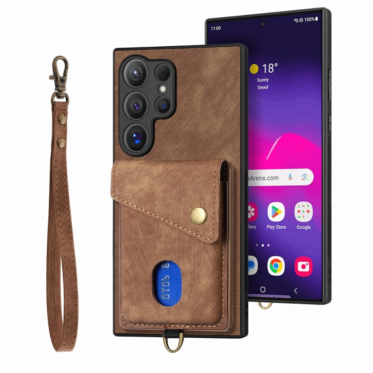 For Samsung Galaxy S25 Ultra 5G Retro Card Wallet Fold Leather Phone Case with Strap(Brown) - Galaxy S25 Ultra 5G Cases by PMC TechLife | Online Shopping South Africa | PMC TechLife | Buy Now Pay Later Mobicred