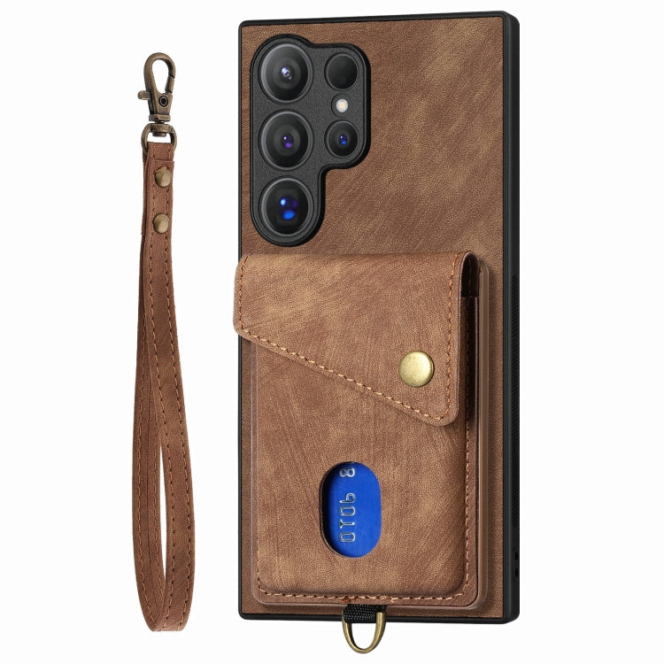 For Samsung Galaxy S25 Ultra 5G Retro Card Wallet Fold Leather Phone Case with Strap(Brown) - Galaxy S25 Ultra 5G Cases by PMC TechLife | Online Shopping South Africa | PMC TechLife | Buy Now Pay Later Mobicred